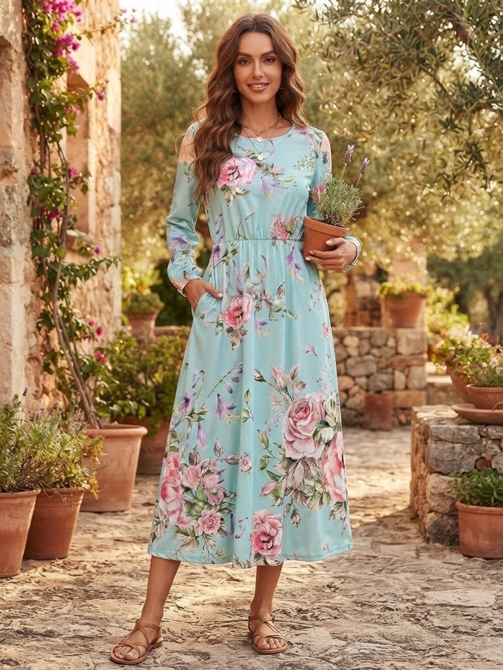 Floral Long Sleeve Midi Dress - Blue Pink